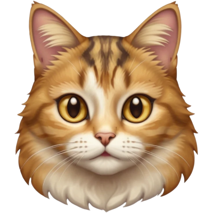 full body anxious looking colourful light calico tabby cat with hazel eyes  and half of face in brown tabby emoji