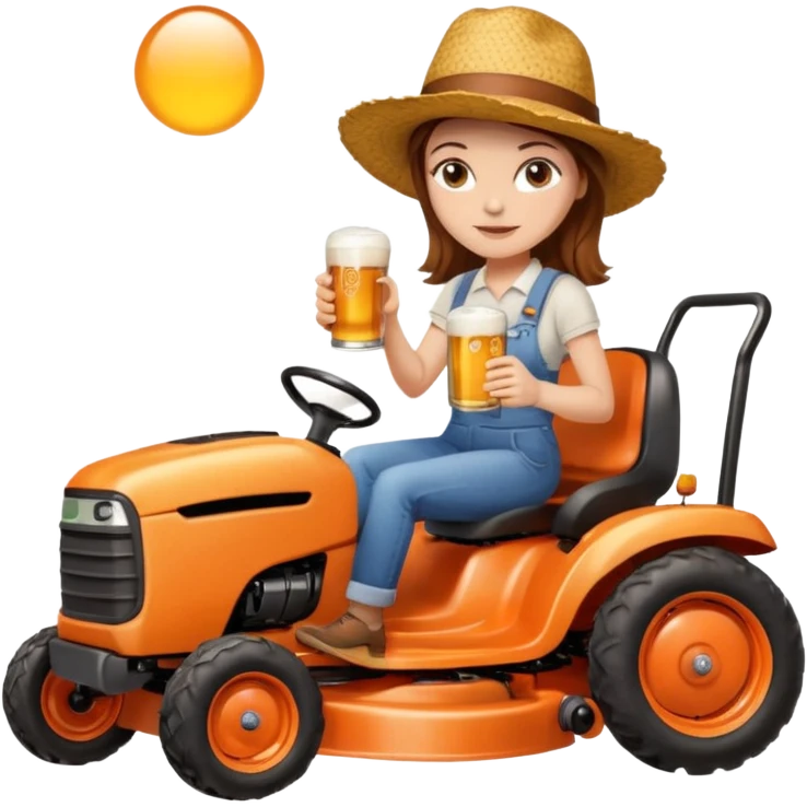 White woman with brown hair, without glasses wearing a straw hat, on old orange ride on lawn mower, holding a beer emoji