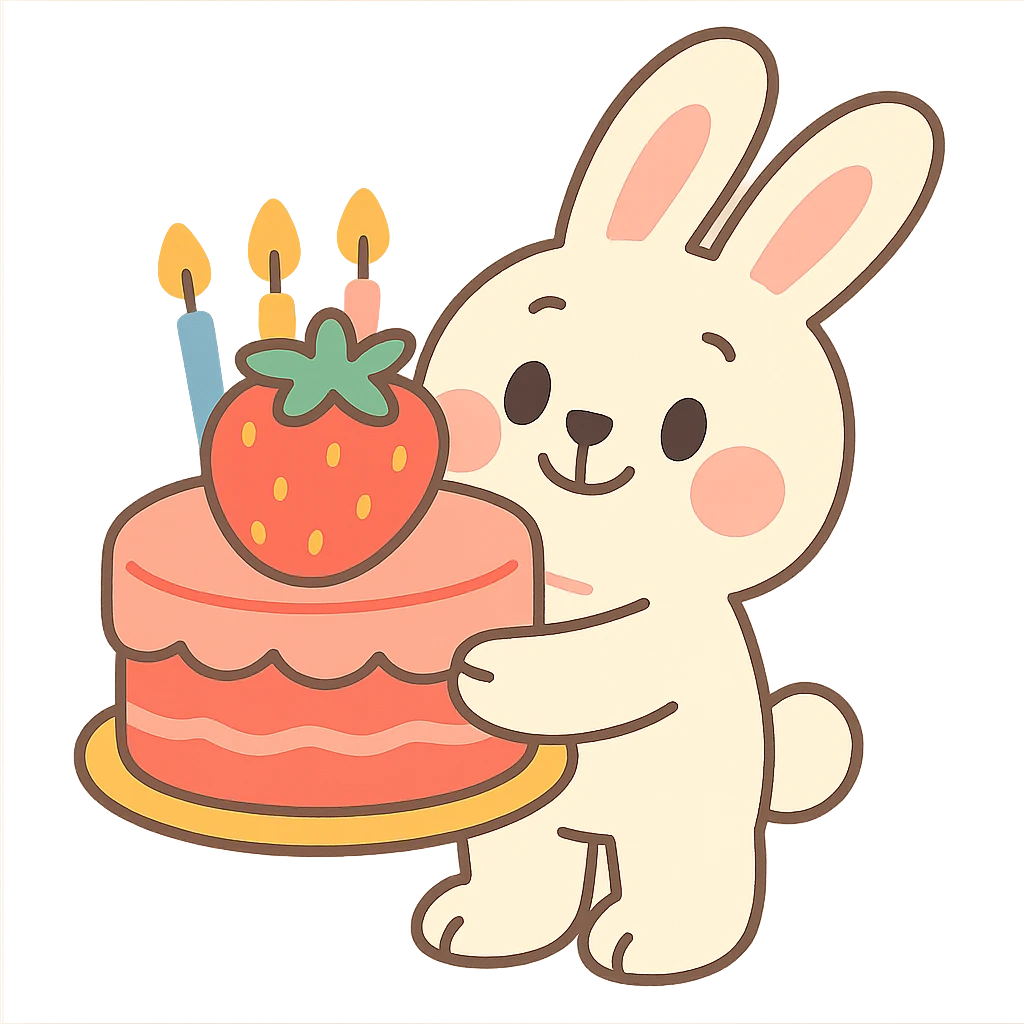 cute bunny holding a big strawberry birthday cake with candles, pastel colors emoji