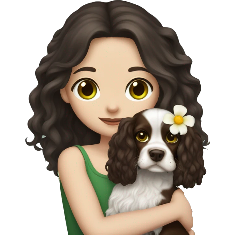 pale skin girl with green eyes with long dark brown hair that has a flower in her hair  holding a black and brown cavalier dog the dog also has a flower in its hair emoji