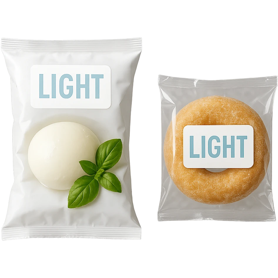 PACCHTTO DI MOZZARELLA LIGHT CON LA SCRITTA "LIGHT" SULLA CONFEZIONE, ACCANTO AD UN DONUT CONFEZIONATO CON LA SCRITTA "LIGHT" SULL'ETICHETTA,  iperrealistico 4k emoji