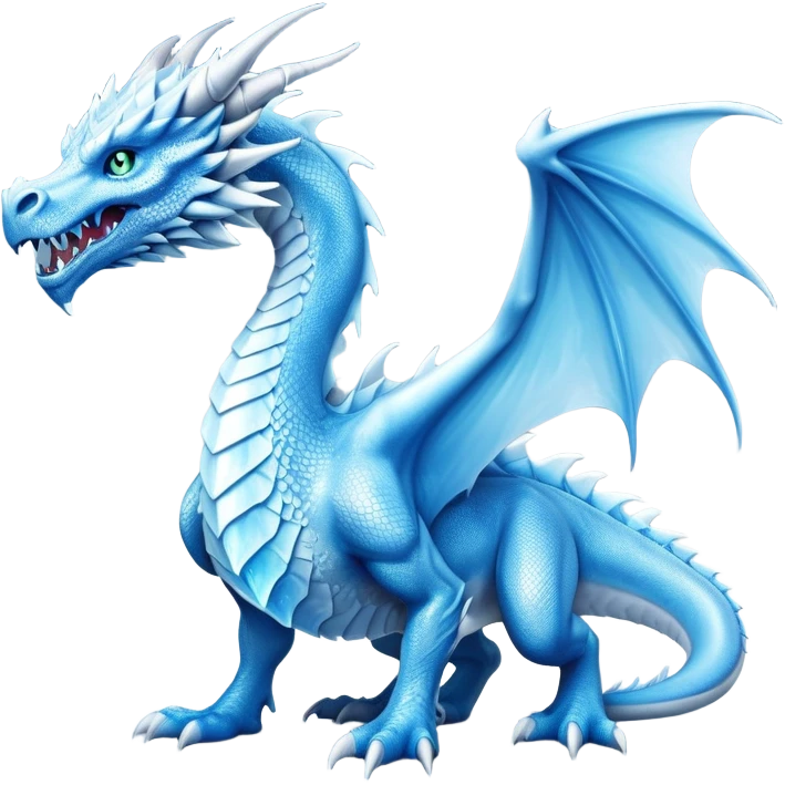 Cinematic Noble beautiful  Ice Dragon full body Emoji, Poised and imposing, distinct long elegant snout, with a slender, scaled body shimmering in glacial hues of icy blue, frostbitten silver, and crystalline white, breathing out frost, with piercing, glowing eyes that radiate the chilling depths of an arctic storm; rendered in detail. displaying its wings emoji