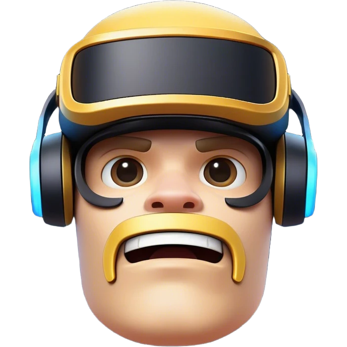 Clash of Clans aesthetic: Cinematic Playful PlayStation VR Headset Portrait Emoji, rendered in a 3D vector-style similar to standard emojis with minimal shading and bold, simplified shapes. A compact, distinct form with signature details, softly glowing with a cutting-edge console technology charm. Simplified yet unmistakably iconic, highly detailed and consistent, glowing with a soft radiance and high shine. Stylized with a touch of technological advancement and a soft glowing outline, capturing the essence of a beloved gaming relic with a friendly, playful manner! emoji