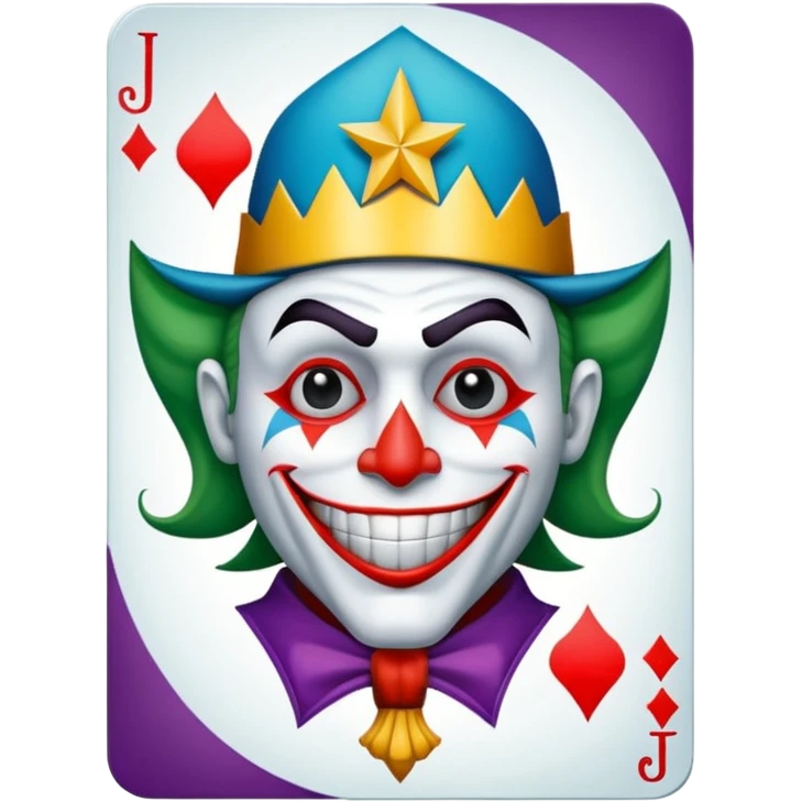 1 poker card, squared, with crazy colorful human jolly joker inside, star symbol with a "J" emoji