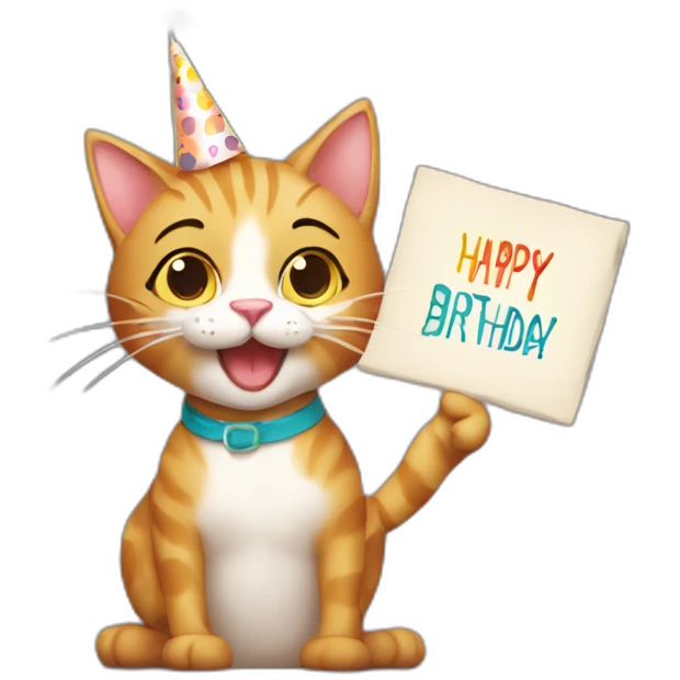 Cat holding up happy birthday sign “Priya” emoji