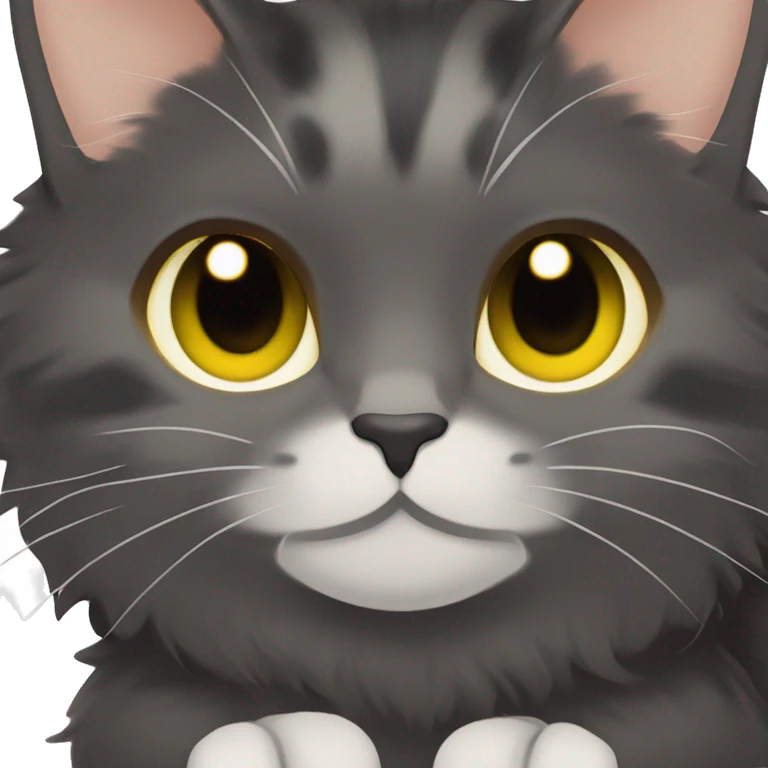 dark gray tortoiseshell cat with yellow eyes, cat sitting on the hands of a girl with brown hair and green eyes emoji