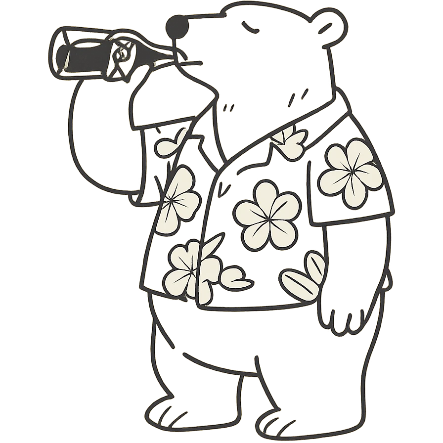 hand-drawn outline style polar bear in a Hawaiian shirt drinking Coca Cola emoji