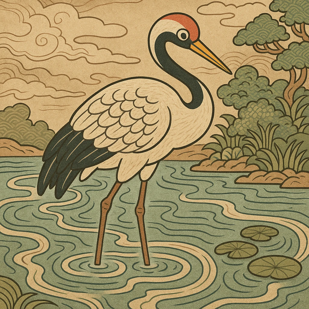 crane bird standing in a pond, ukiyo-e style illustration emoji