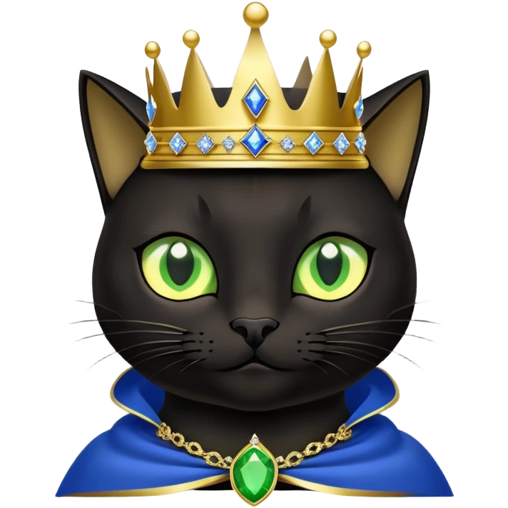 black cat with brilliant neon green eyes wearing a royal blue cape trimmed in gold and a crown with jewels emoji