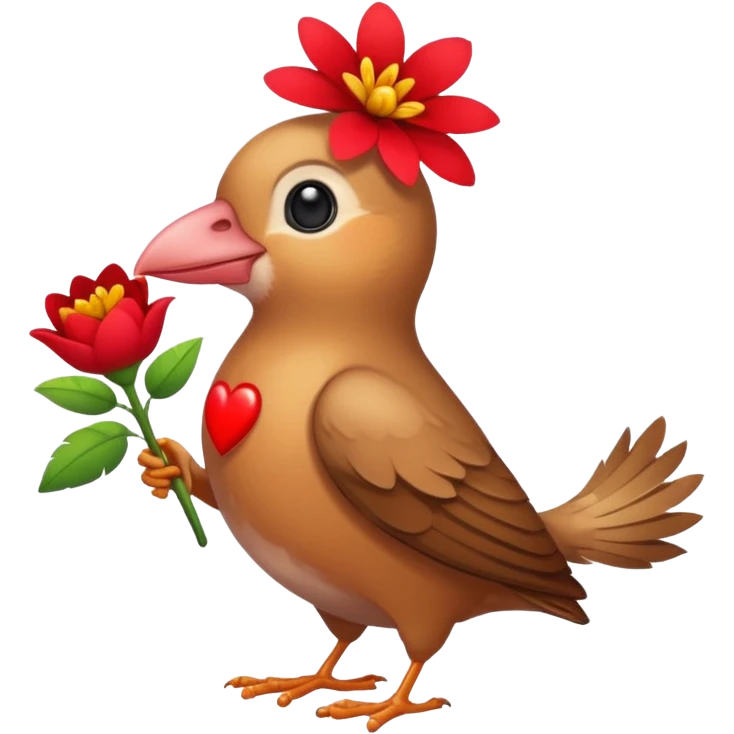 A bird carrying a red flower and heart on its mouse  emoji
