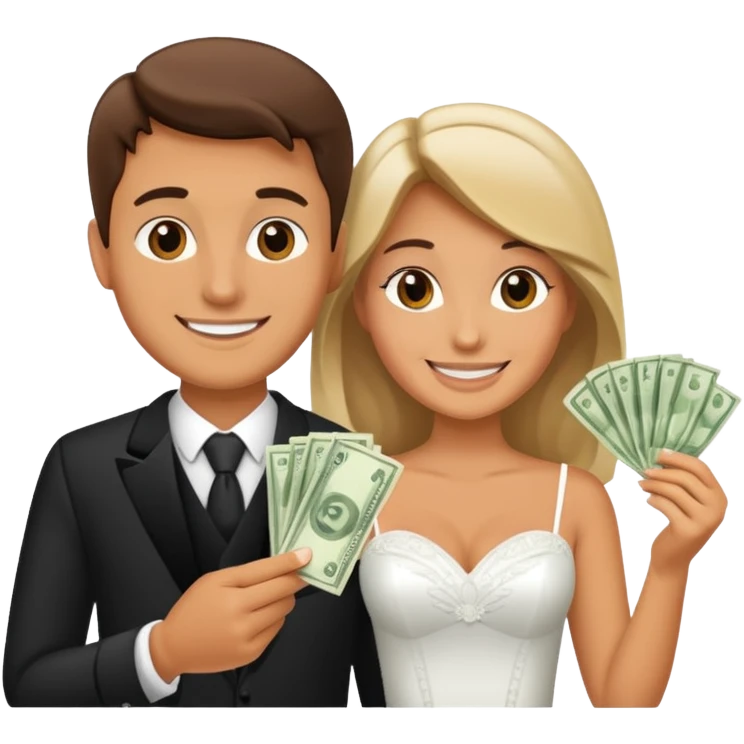 a newlywed couple holding money emoji