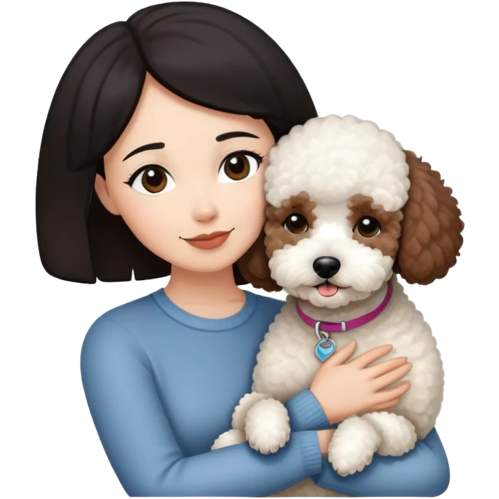Woman with short black straight hair hugging a brown poodle and a white bichon frise emoji