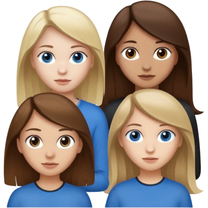 a group of 3 people where two are in the back one in the front -
1. Girl has white skin, brown hair, brown eyes
2. Girl has white skin, dirty blonde hair, blue eyes
3. Girl has tan skin, dark brown hair, dark brown eyes emoji