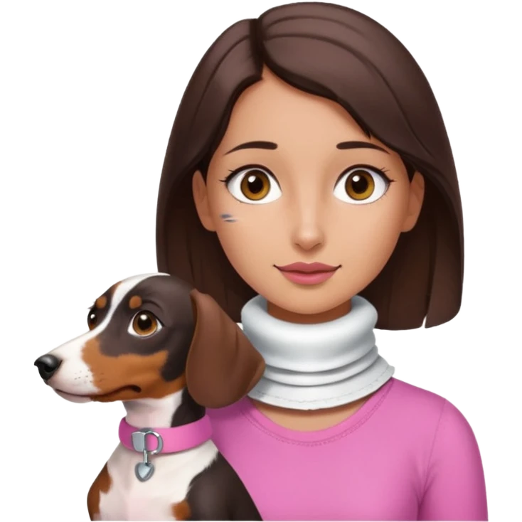 a brunette girl, olive skin, hazel eyes, pink top, neck brace on her neck because she’s injured , piebald dachshund next to her only brown and white emoji