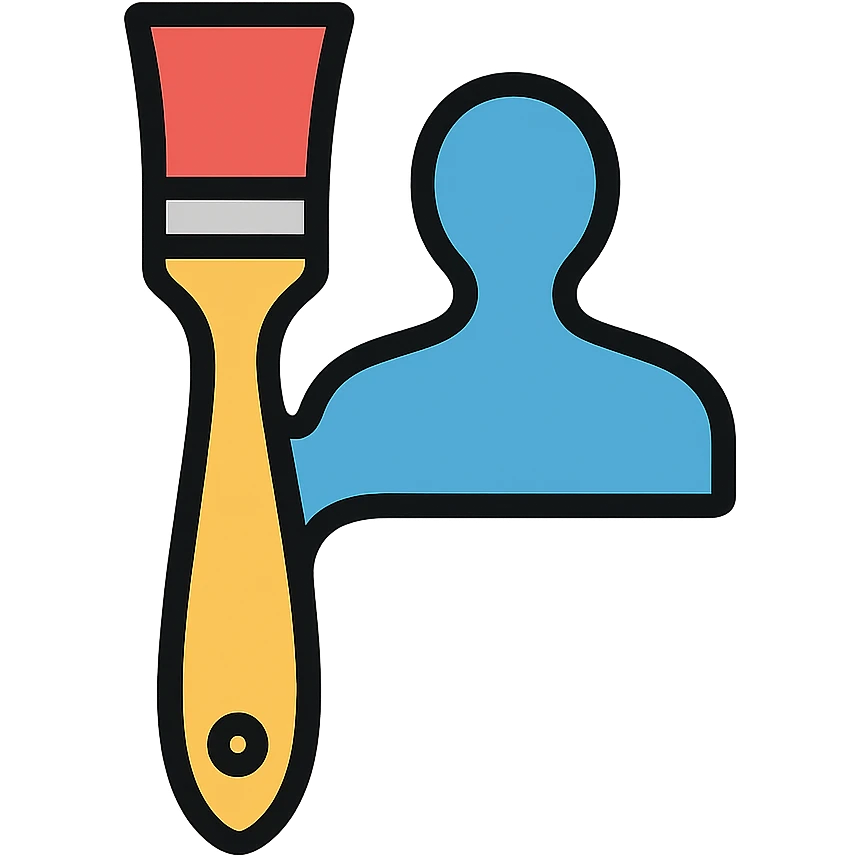 A paintbrush transforming into a metallic human figure silhouette, artistic identity symbol emoji