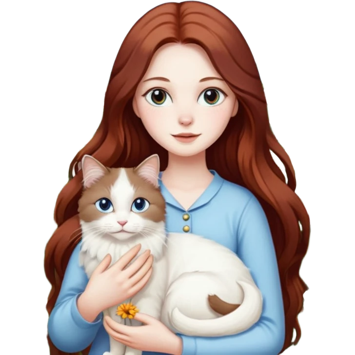 A woman with long dark auburn hair holding a white ragdoll cat in a garden full of flowers emoji