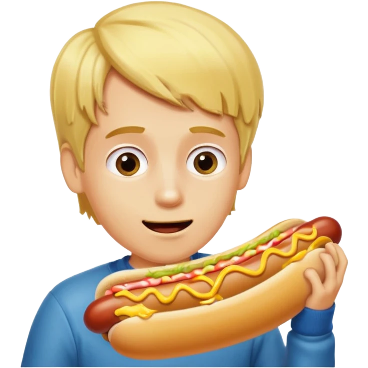 A boy taking a huge bite of a hot dog loaded with mustard and relish.





















 emoji