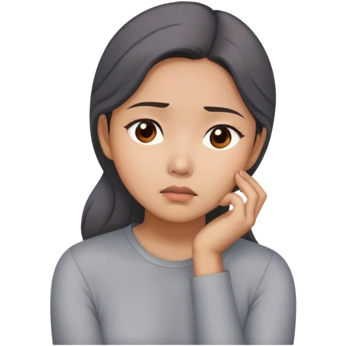 Asian woman wearing gray blouse feeling worried while resting her chin on her right hand emoji