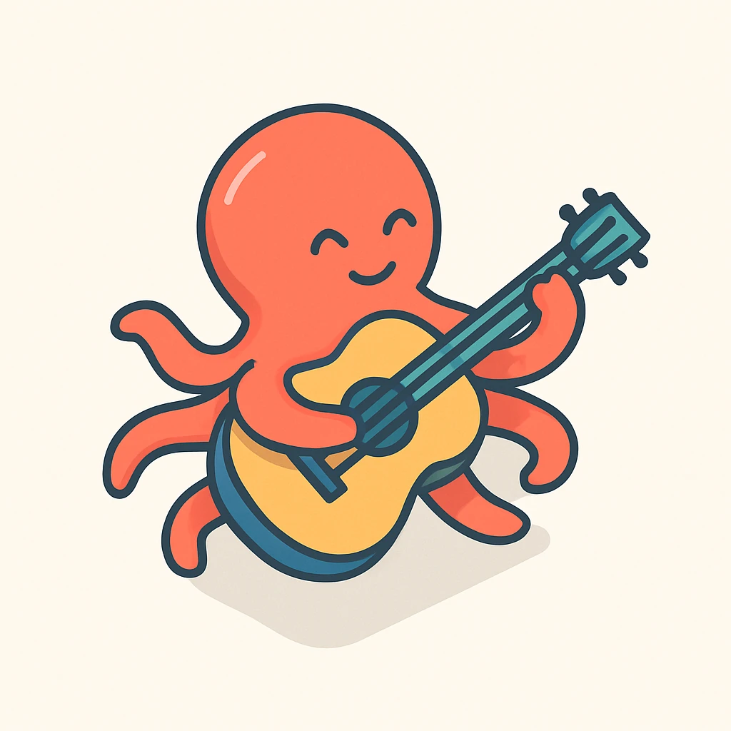 happy octopus with multiple arms playing guitar emoji