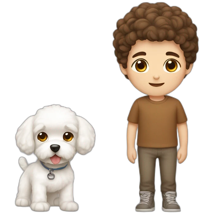 a boy with brown hair with a white dog bichon maltes emoji
