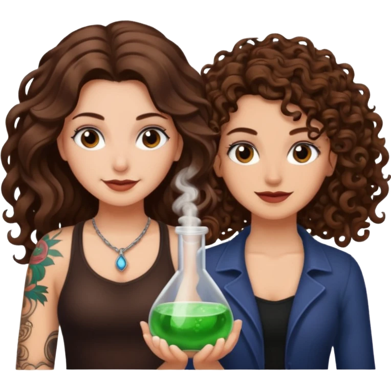 hiding potion — long wavy brown hair tattooed woman and short tight curly brown hair woman — guilty smile emoji