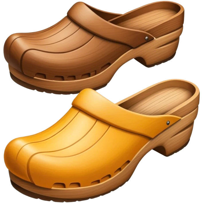 Cinematic Realistic Wooden Clogs Emoji, depicting the classic handcrafted footwear with a smooth, curved design and sturdy wooden soles, rendered with rich textures and warm, natural lighting. emoji
