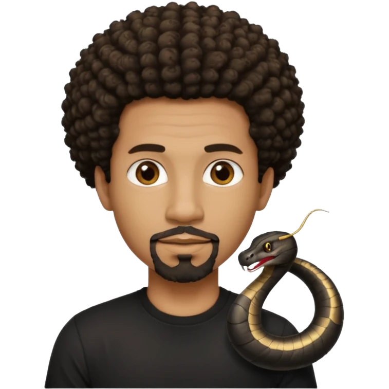 Homme noir, yeux marron avec un bouc sans la moustache, cheveux court et bouclé crépus avec un dégradé sur le côté, avec un cobra à côté , t-shirt noir  emoji