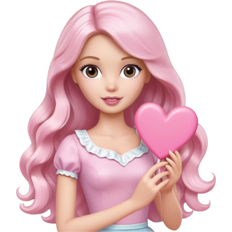 White Barbie girl with long wavy dark brown hair holding pale pink heart  emoji