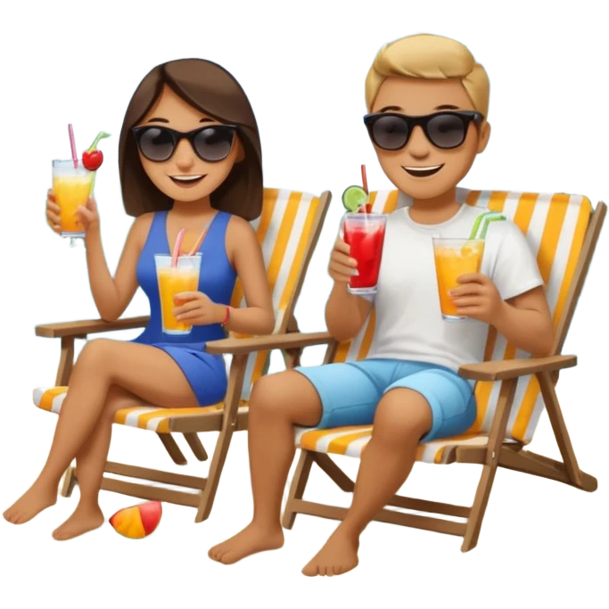 Use this image to design the faces of a young man and woman sitting in beach chairs talking with drinks in their hands on a lake dock  emoji