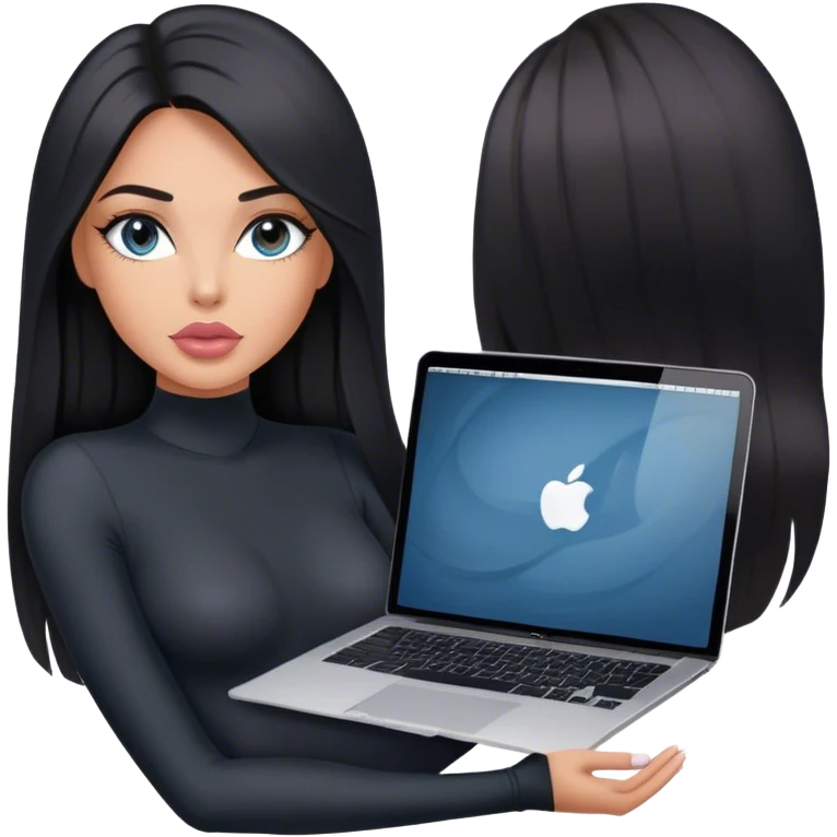 Glamours, tanned, very beautiful girl, with big pump peach-beige-rose lips, black straight smooth silky long hair, straight parting, blue-grey eyes, in black bodysuit holding MacBook emoji