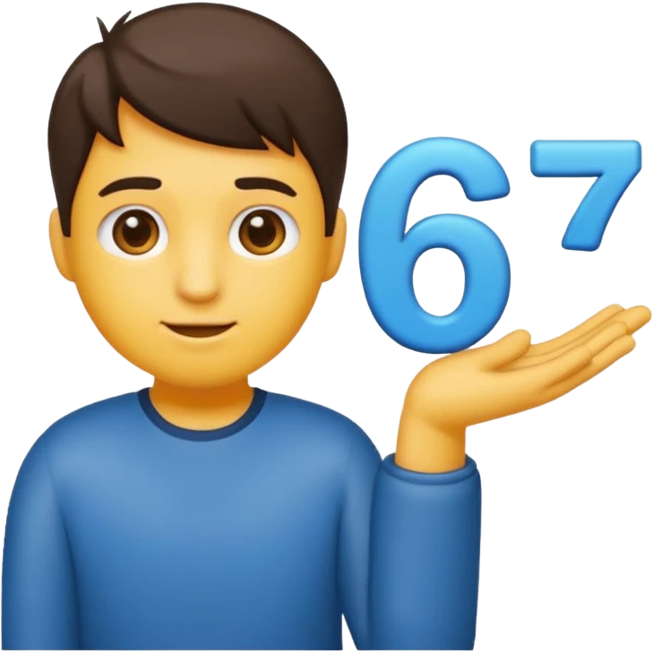 Fai un emoji di un ragazzo che alza le spalle e nella mano destra alzata ha il numero 6 e nella sinistra il 7 emoji