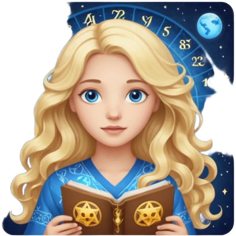 A long wavy haired blonde girl with blue eyes holding a astrology natal chart. emoji