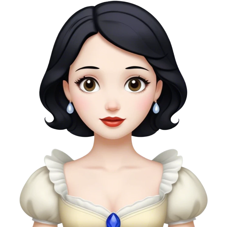 Cinematic Radiant Snow White Portrait Emoji, rendered in a realistic, vector style with clean proportions. Show Snow White with a soft, welcoming smile, delicate porcelain skin, and neatly arranged raven hair, wearing her timeless dress. The image radiates a warm, inviting glow, high shine, and is enhanced by a soft glowing outline that accentuates her gentle beauty. emoji