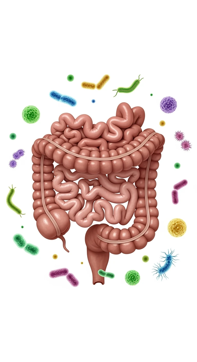 intestino umano anatomico con qualche batterio intestinale che gli fluttua intorno, ISOLATO SU SFONDO BIANCO emoji