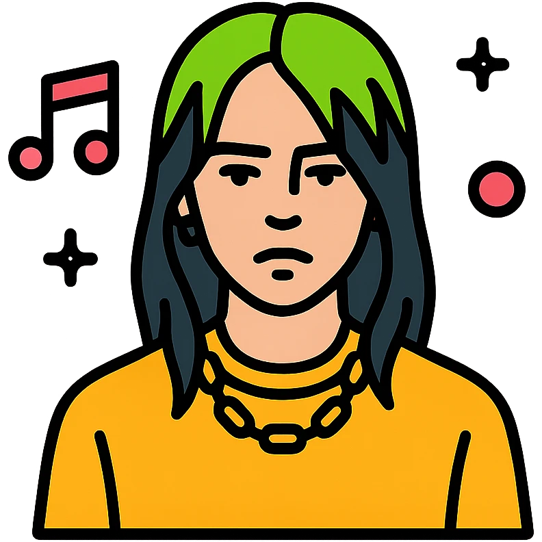 minimalist icon of Billie Eilish with signature green roots, neutral face, pop music theme emoji
