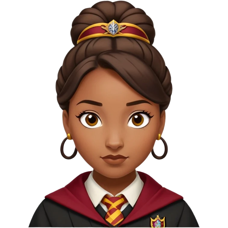 Tiana Benjamin is Angelina Johnson in harry potter, wear hogwarts gryfindor uniform,  thick, brown 1 knot bun hair , reflecting her bold, stylish, and strong personality emoji