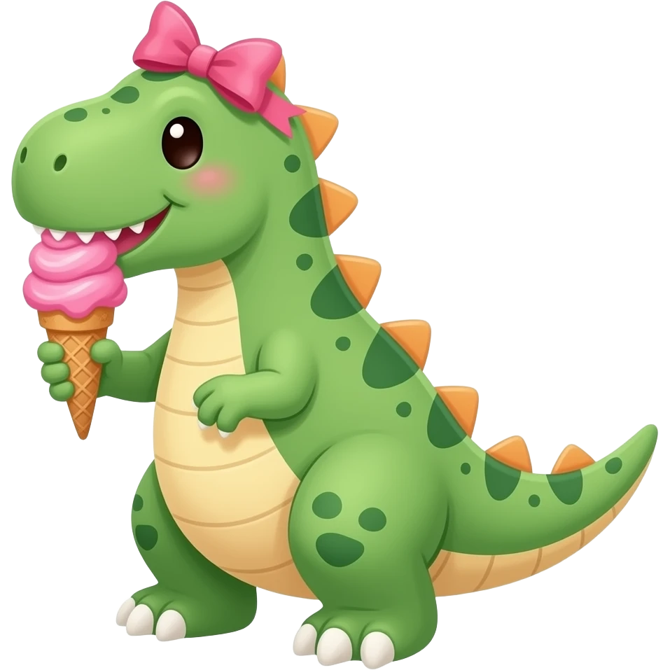 dinosaur holding a pink ice cream with a bow on its head with heart eyes emoji