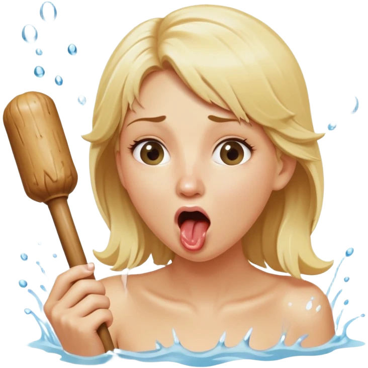blond woman eating a wide stick with a round knob, both the stick and knob are the same color as her skin, water stream squirting from the knob into her open mouth, surprised expression emoji