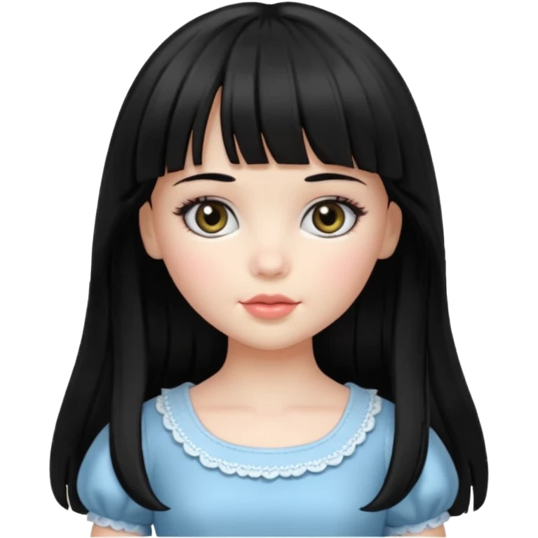 Doll girll, black hair with bangs, slightly wavy, very long hair,long eyelashes, black eyes. emoji