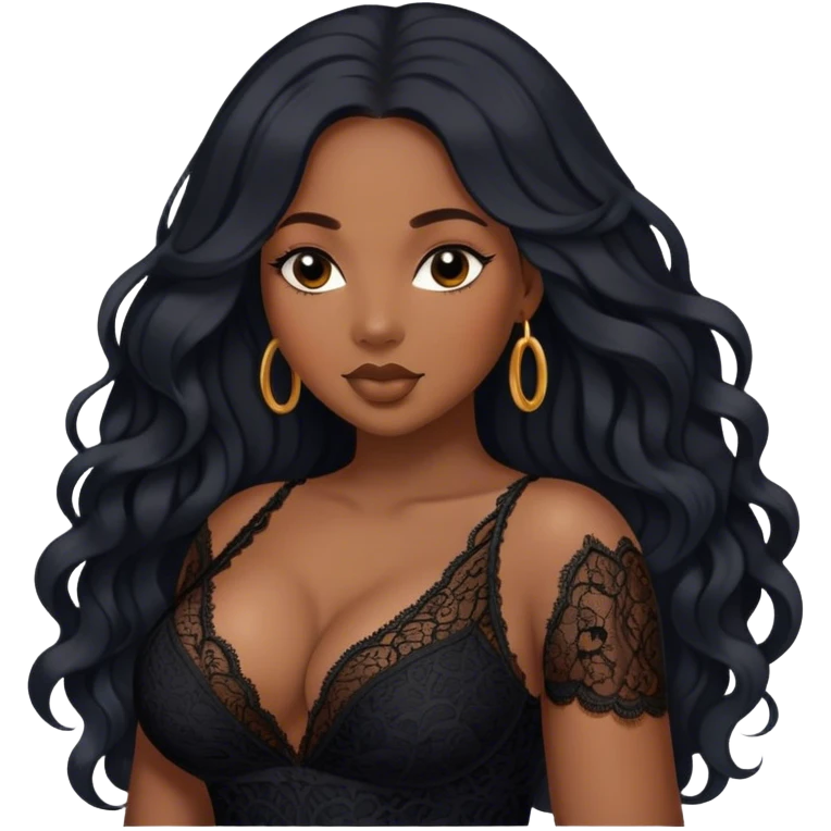 Beautiful Buxom long haired black, big juicy booty, wearing black lace, sfw emoji