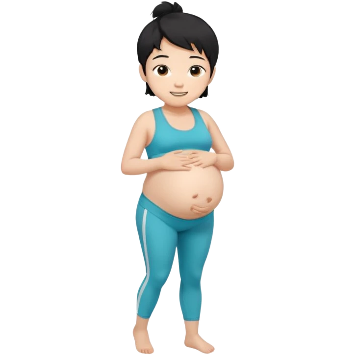 pregnant asian boy with short messy black hair wearing a sports bra with leggings holding his belly emoji