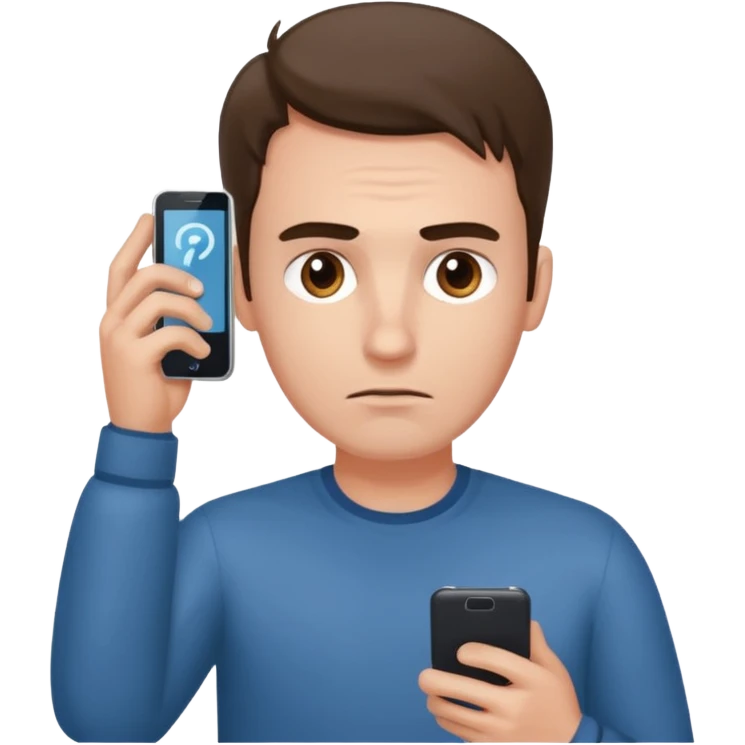 a guy holding a phone horizontally on his forehead like it was a card emoji