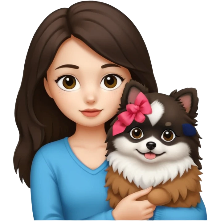 A brunette girl holding a Pomeranian dog who has black face but in the middle it’s white line emoji