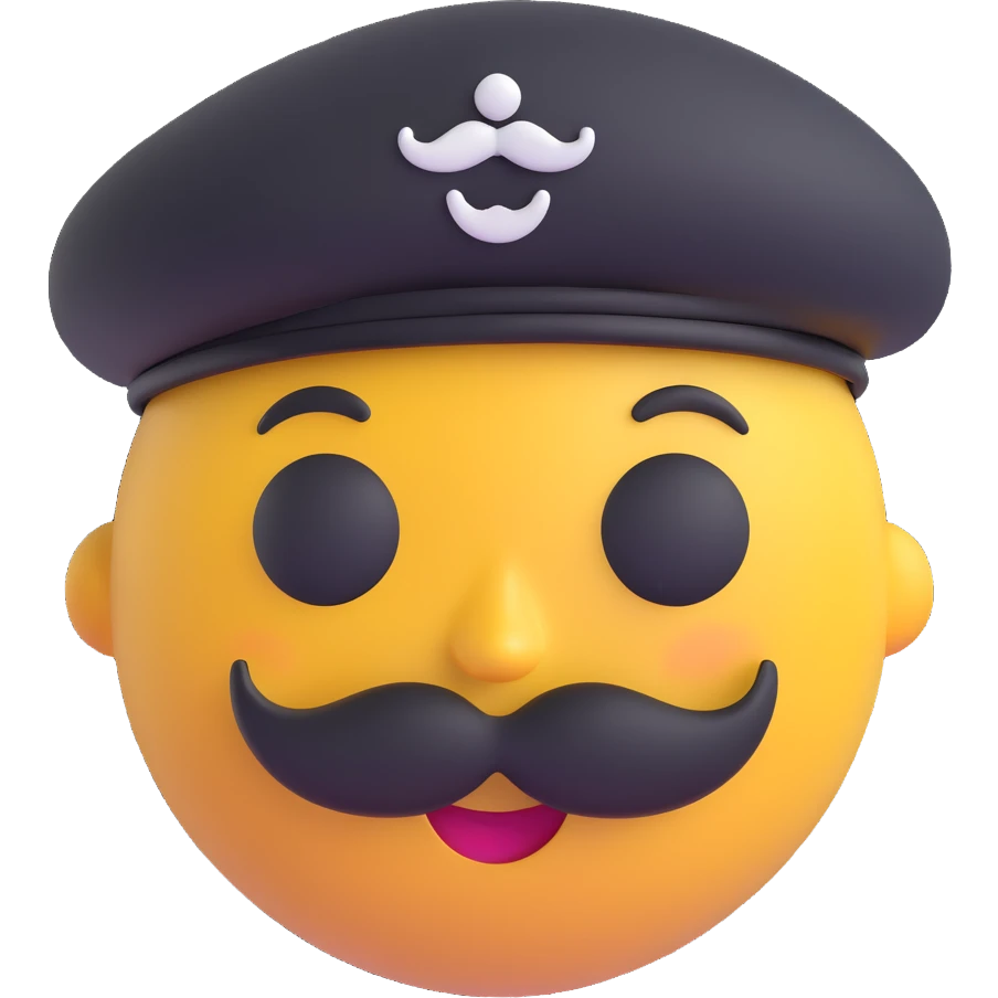 smiley face with beret and mustache, 3D emoji style, no background, for a French memecoin Discord server French Cabal emoji