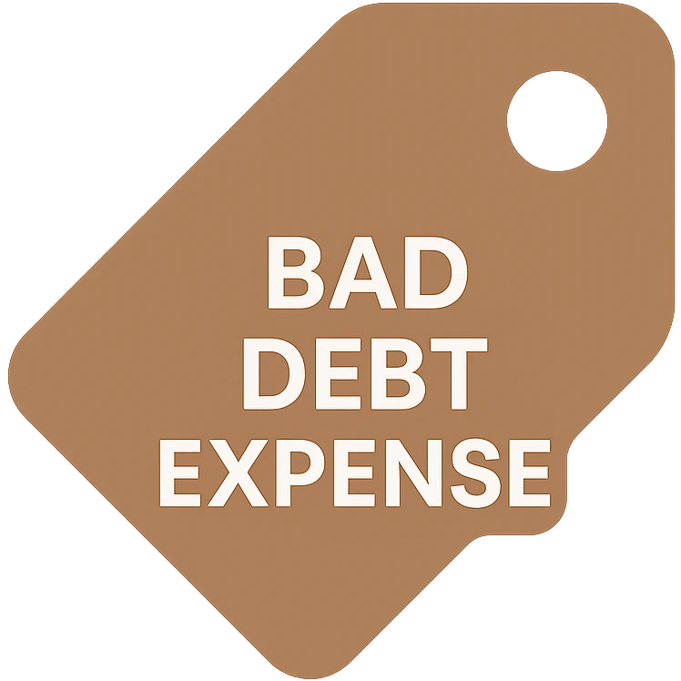 brown price tag icon with 'bad debt expense' written in white text, simple and professional emoji