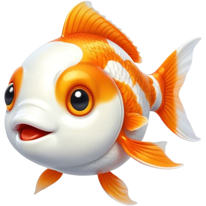 Cinematic Cute Orange and White Goldfish Portrait Emoji, Head tilted playfully and inquisitively, featuring a glossy, vibrant body adorned with a striking mix of orange and white, round, sparkling golden eyes filled with curiosity, Simplified yet irresistibly adorable features, highly detailed, glowing with a warm, friendly glow, high shine, affectionate and lively, stylized with a touch of whimsy, bright and endearing, soft glowing outline, capturing the essence of a mischievous yet loving goldfish, so playful it feels like it could swim out of the screen and into your heart! emoji