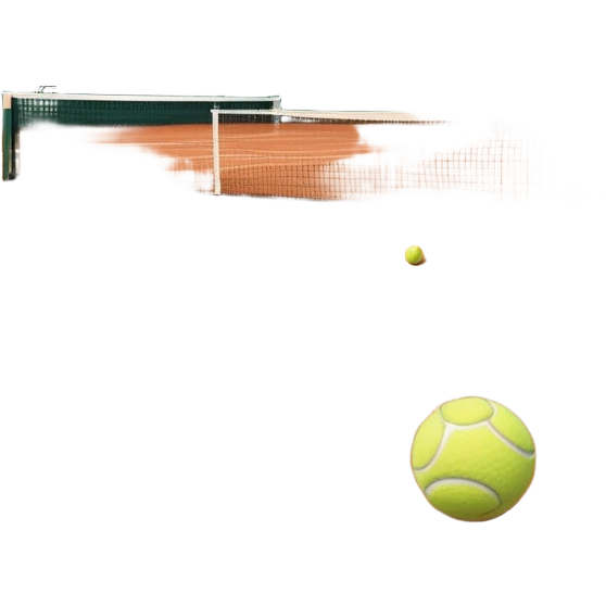A tennis court at the Roland Garros tournament, with the iconic clay surface and a tennis ball bouncing near the net. The scene evokes the energy and excitement of the grand event, with vibrant crowds in the stands and a competitive atmosphere. emoji