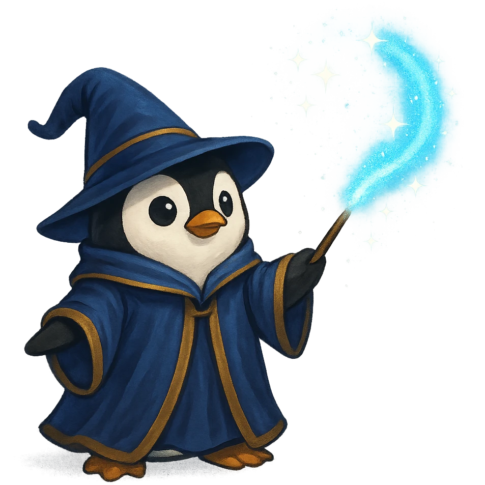 penguin wizard casting a spell, sparkles, wizard robe emoji