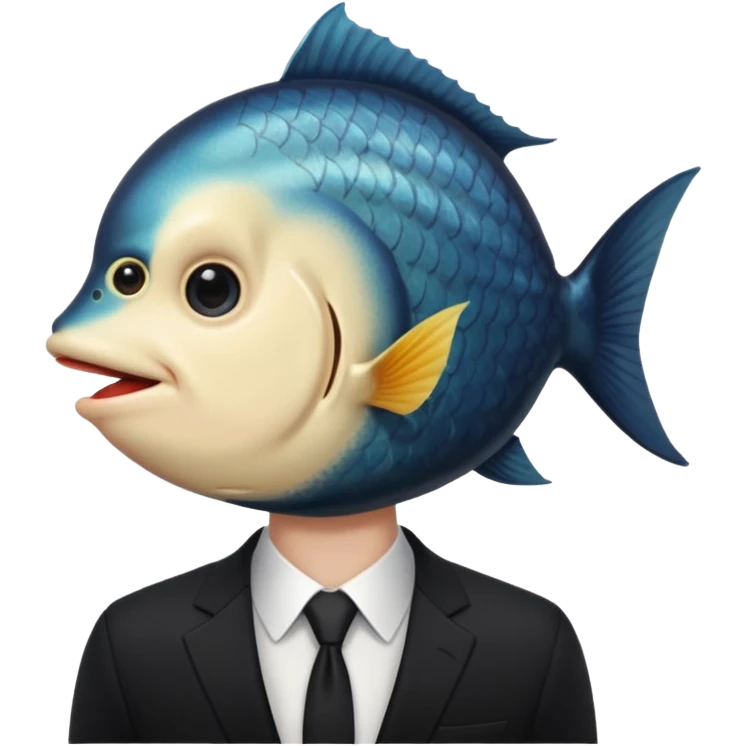A man dressed in a black suit. His face is that of a fish — therefore, he has no human face. The fish’s face is positioned vertically, meaning its mouth is facing upward. emoji