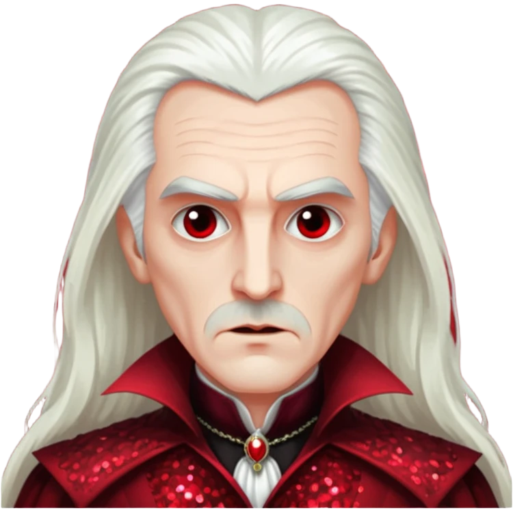 Count Dracula with long white hair, dark red sequin outfit  emoji